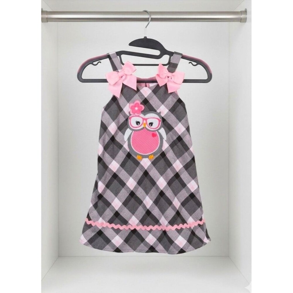 Cute Youngland Pink & Gray Plaid Jumper Dress with Owl Applique - Size 6